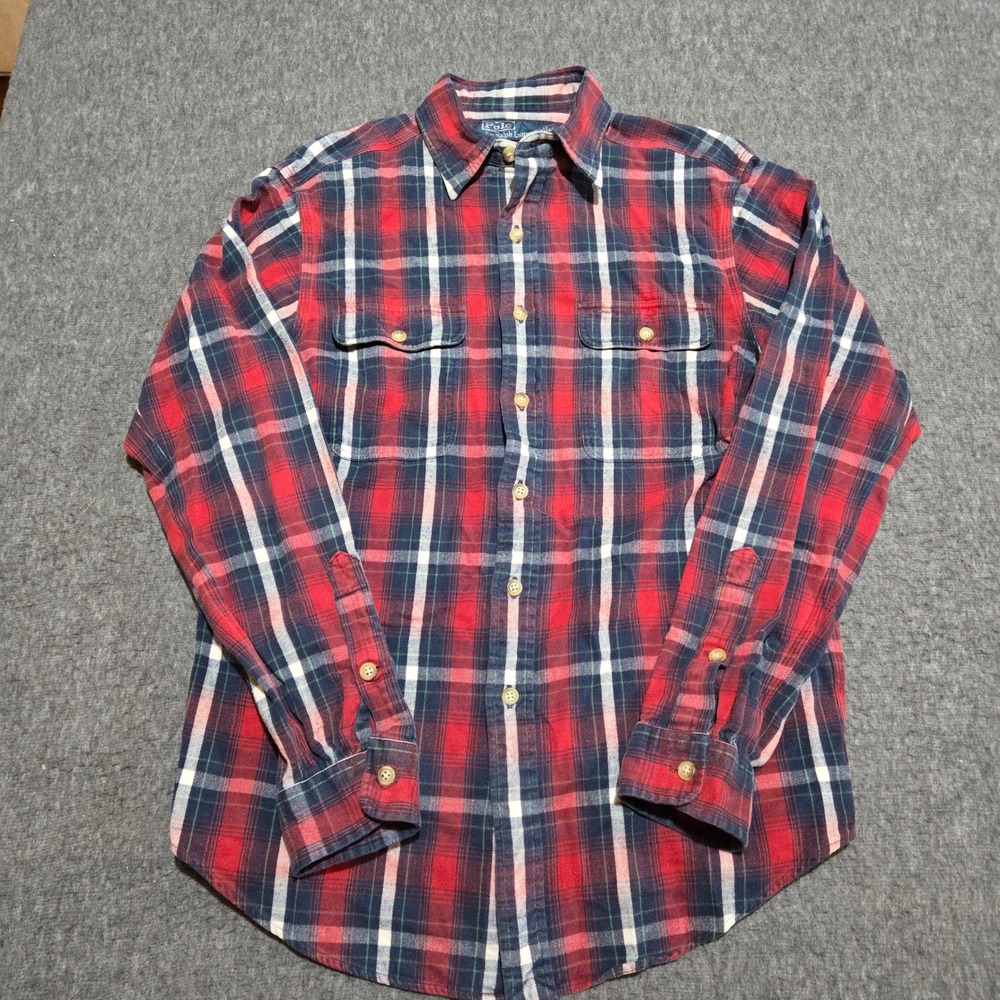 Vintage Polo Ralph Lauren Flannel Shirt Mens Med Red Blue Plaid Long Sleeve 90s